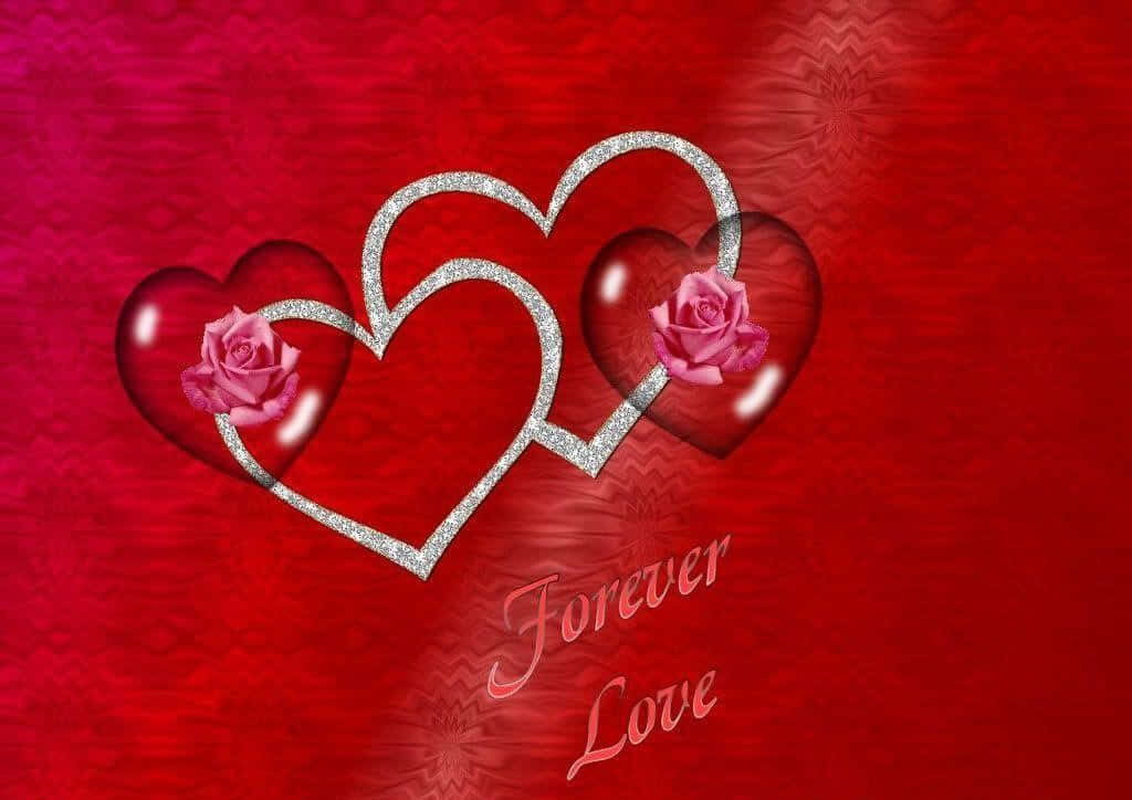 Romantic Glittery Heart Wallpaper with Pink Roses - Forever Love