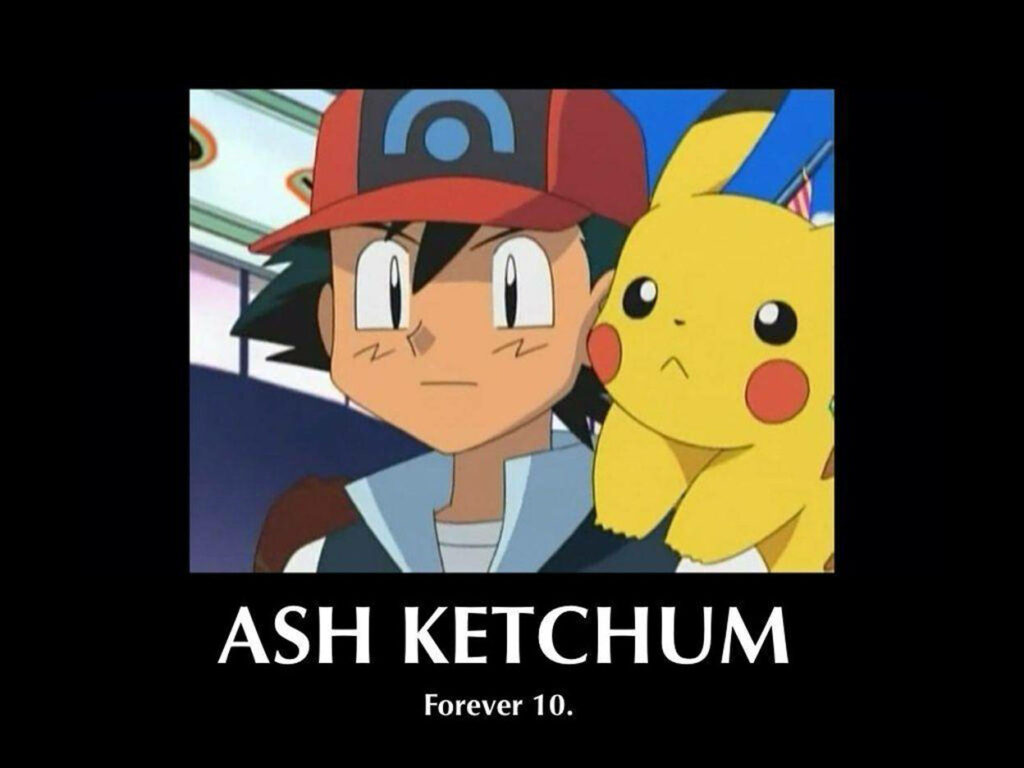 Ash Ketchum and Pikachu Forever Stuck at Age 10: A Hilarious Pokemon Anime Meme Wallpaper