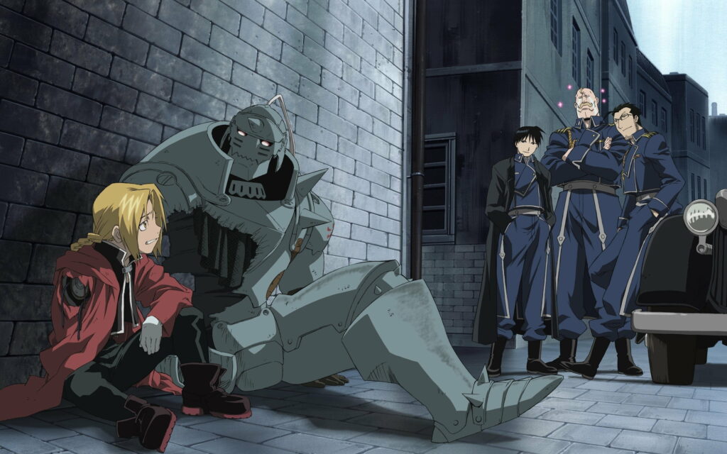 Alchemy Awakens: The Dynamic Duel of Elric Edward and Roy Mustang in QHD Digital Art Wallpaper