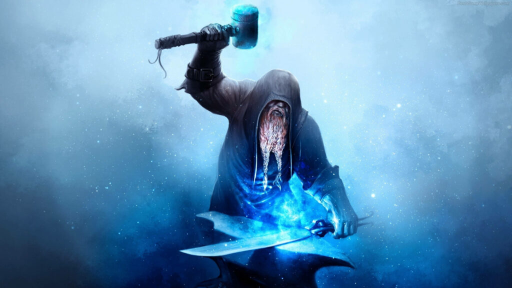 Blazing Blue Fire Illuminates the Mighty Blacksmith Forging a Weapon with a Braided Beard Wallpaper