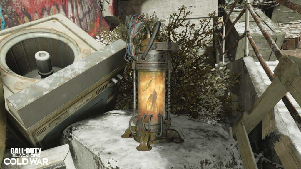 Call of Duty: Black Ops Cold War Promotional Wallpaper with Tactical Grenade and Concrete Barrier amid Overgrowth