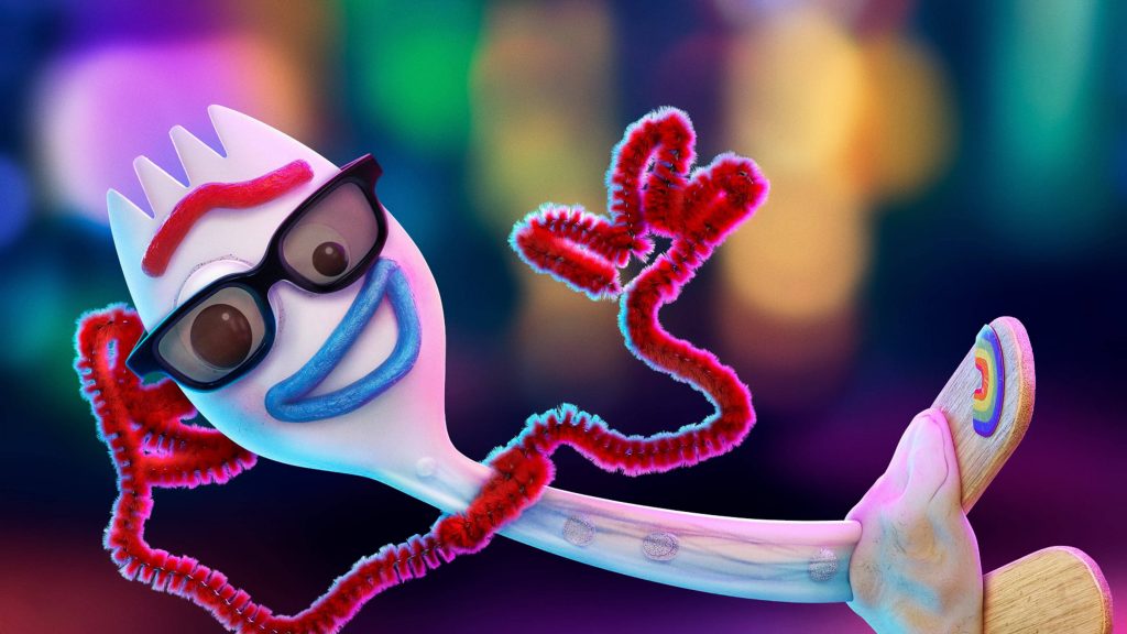 Forky from Toy Story 4 in black sunglasses with rainbow sticker on colorful bokeh background Wallpaper
