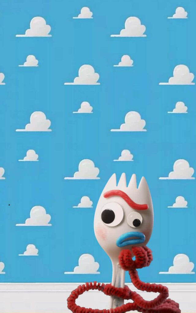 Forky from Toy Story Against Nostalgic Blue Cloud Wallpaper