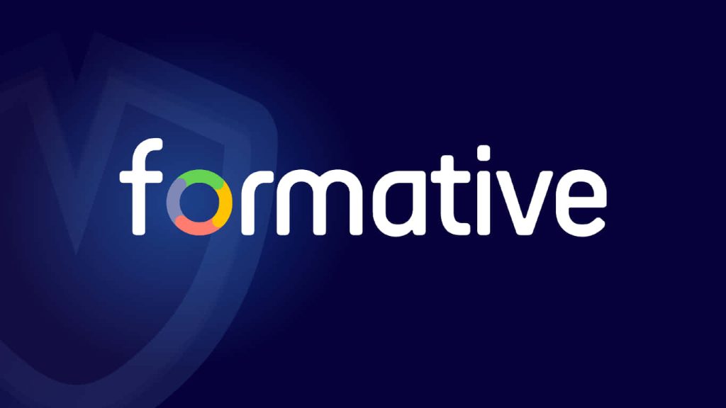 Formative logo digital wallpaper with white font and vibrant multi-colored ring on blue gradient