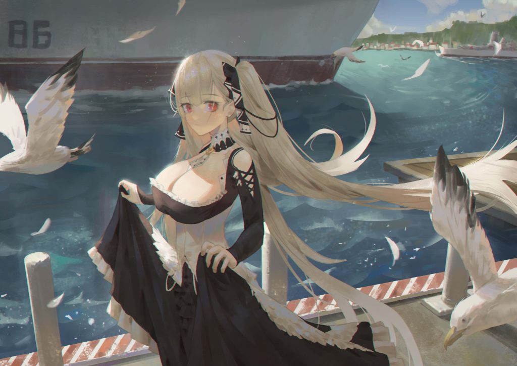 Formidable from Azur Lane in elegant black and white dress at breezy harbor with naval ship Wallpaper