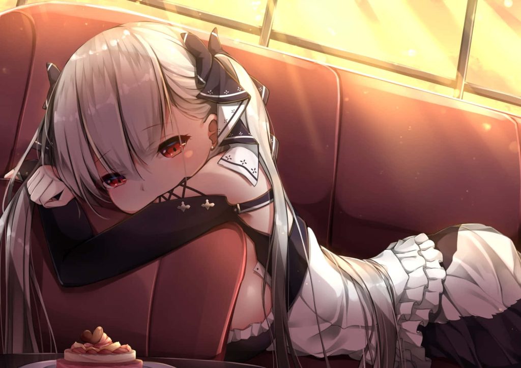 Formidable from Azur Lane resting on red couch golden sunlight silver hair red eyes anime wallpaper