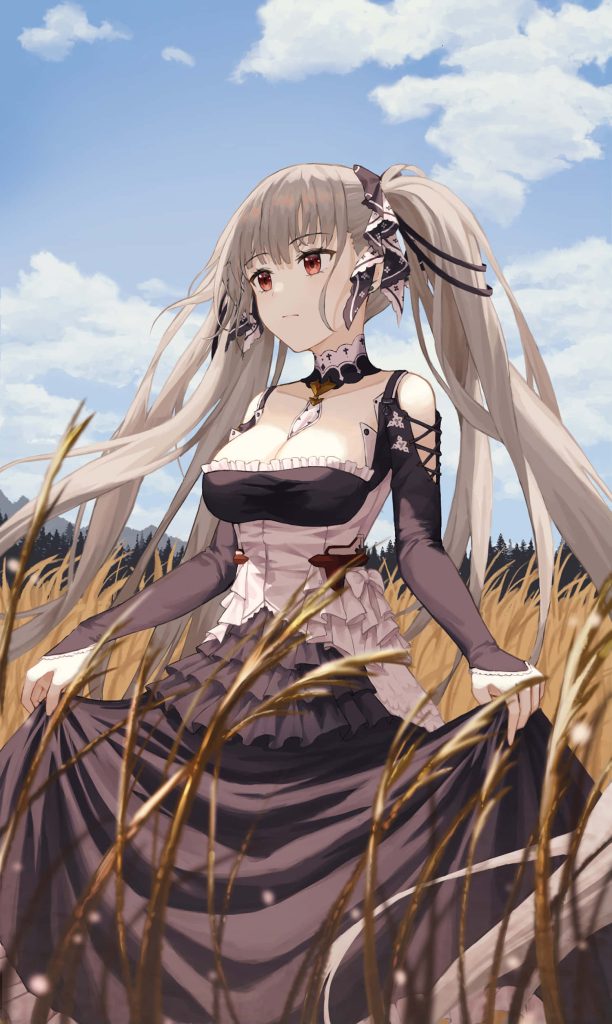 Formidable Azur Lane anime wallpaper silver hair red eyes gothic dress wheat field sky background