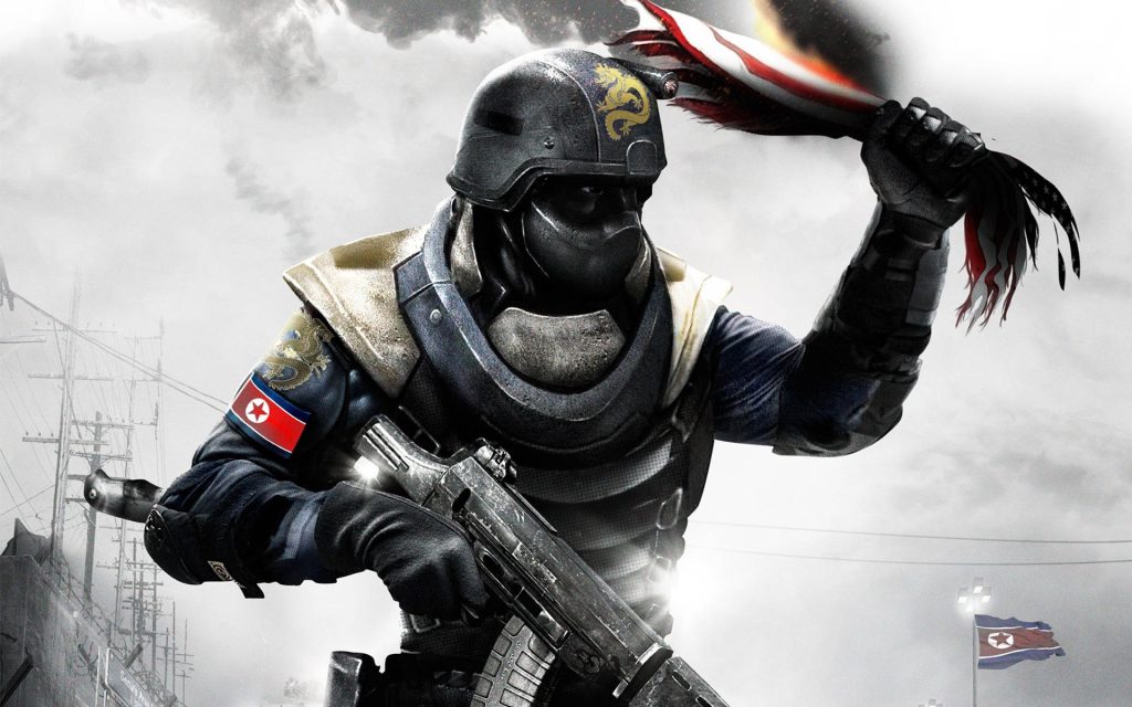 North Korean soldier in advanced armor with gold dragon emblem holding burning flag war wallpaper