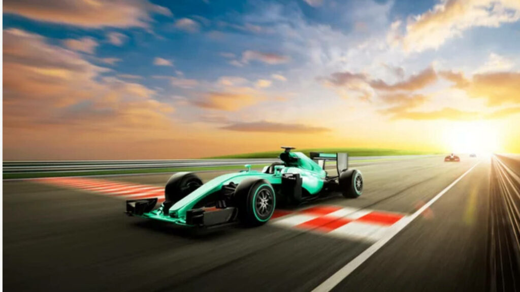 Formula 1 car racing fast on sunlit racetrack finish line vibrant 4k wallpaper background