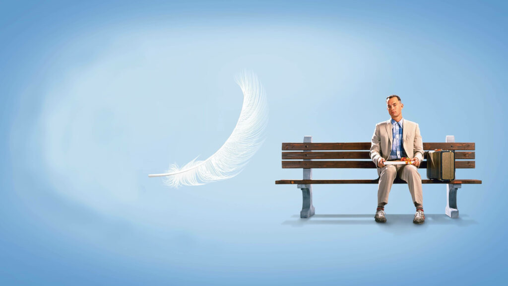 Minimalist Forrest Gump Wallpaper: Floating Feather & Blue Background