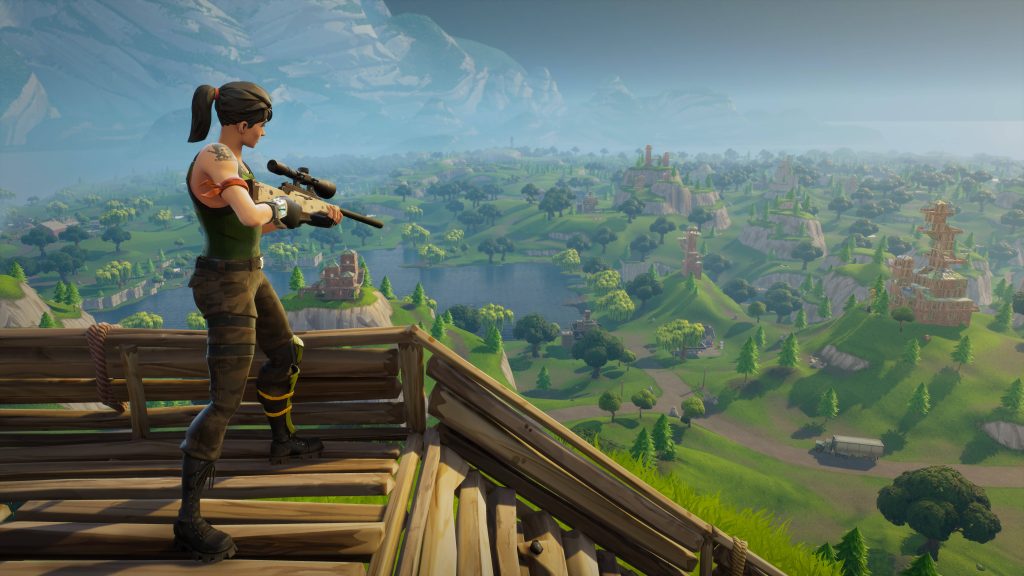 Fortnite default Ramirez sniper on wooden tower overlooking vibrant Chapter 1 map 4k wallpaper