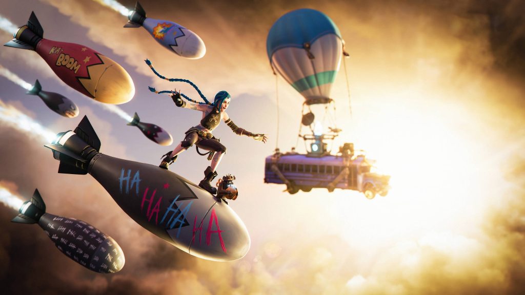 Fortnite wallpaper of Arcane Jinx surfing bomb near Battle Bus with explosive missiles clouds
