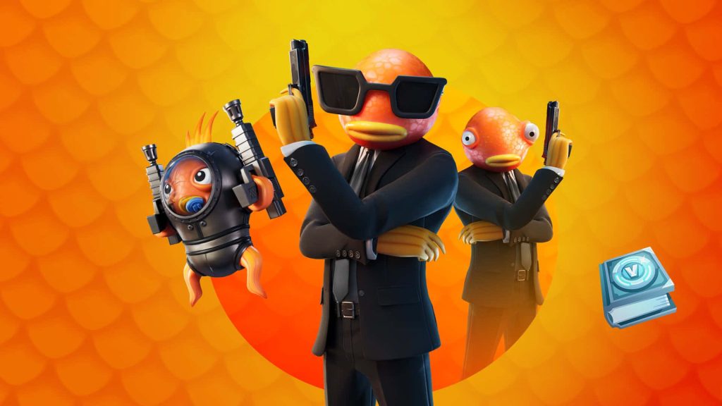 Fortnite Bassassin skin 3D render with Fishstick companion V-Bucks on orange scaled background Wallpaper