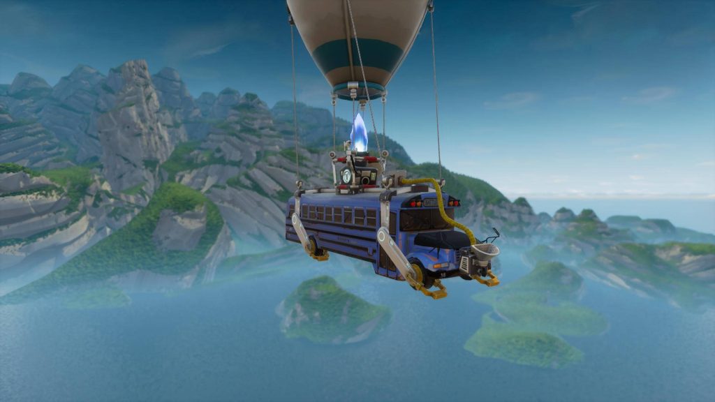 Fortnite Battle Bus flying over island landscape vibrant CGI game wallpaper background