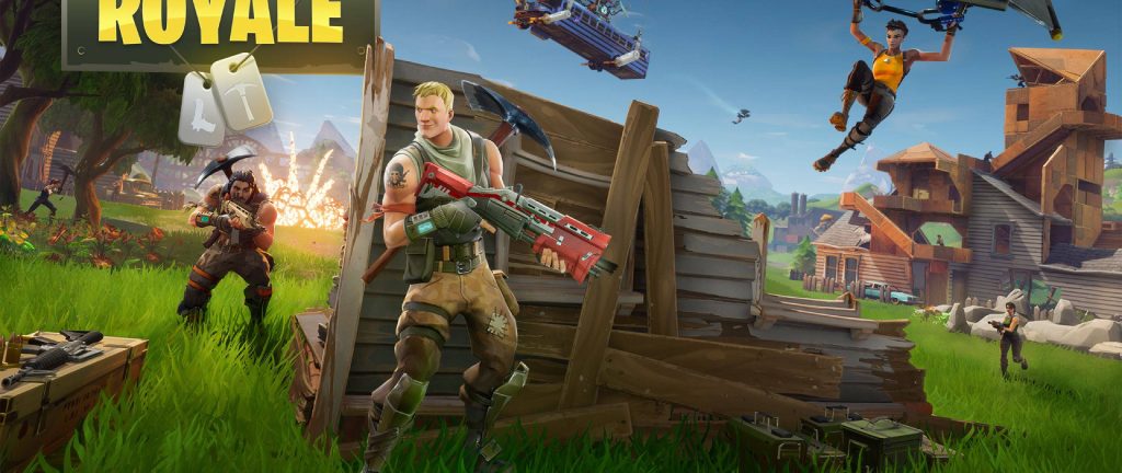 Fortnite Jonesy in explosive battle scene with wooden ruins and Battle Bus soaring overhead wallpaper