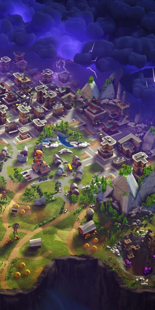 High-angle Fortnite map digital art featuring Durr Burger town and purple storm background Wallpaper