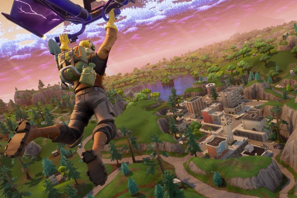 Fortnite Battle Royale Raptor skin flying over lush map with purple storm vibrant CGI wallpaper