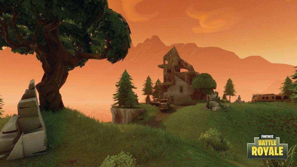 Rustic wooden hilltop in Fortnite plains at sunset CGI wallpaper for serene game environment fans