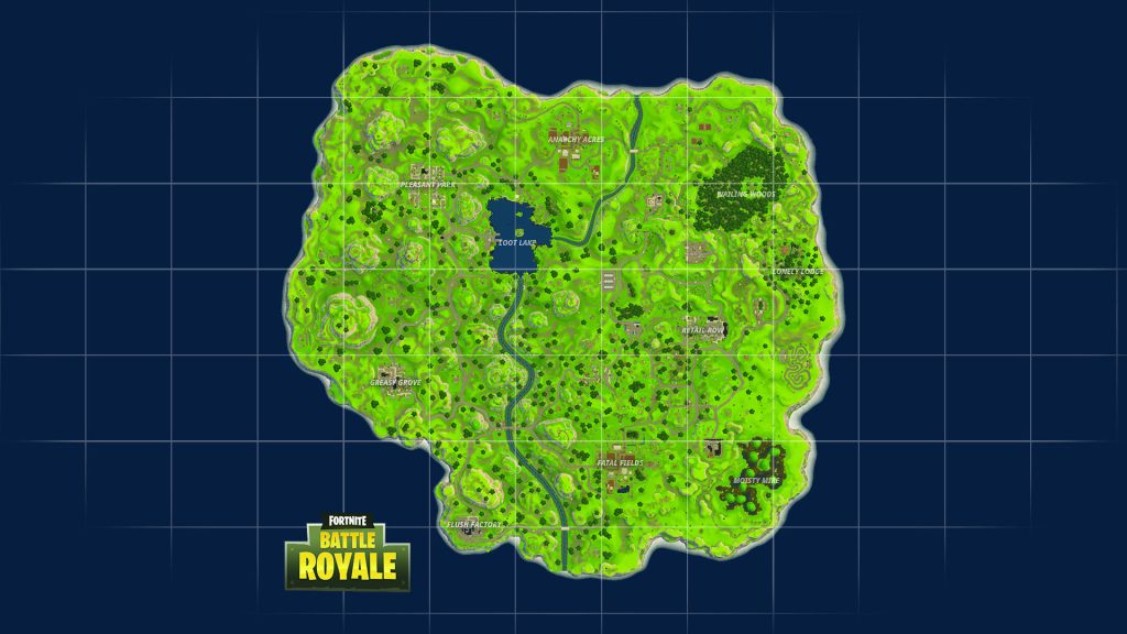 Fortnite Battle Royale Season 1 map wallpaper with classic Loot Lake and Wailing Woods on blue grid