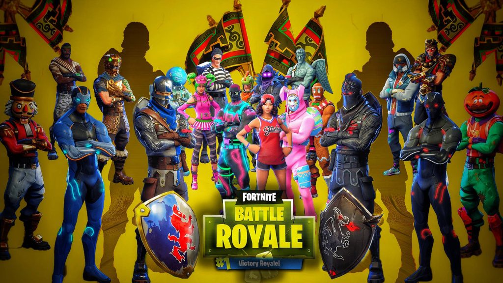Fortnite Battle Royale wallpaper with iconic skins dual shields and Victory Royale logo on yellow background