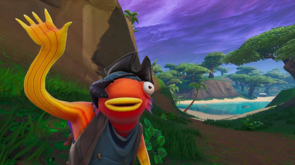 Fortnite Buccaneer Fishstick skin waving on tropical beach vibrant 3D gaming wallpaper background