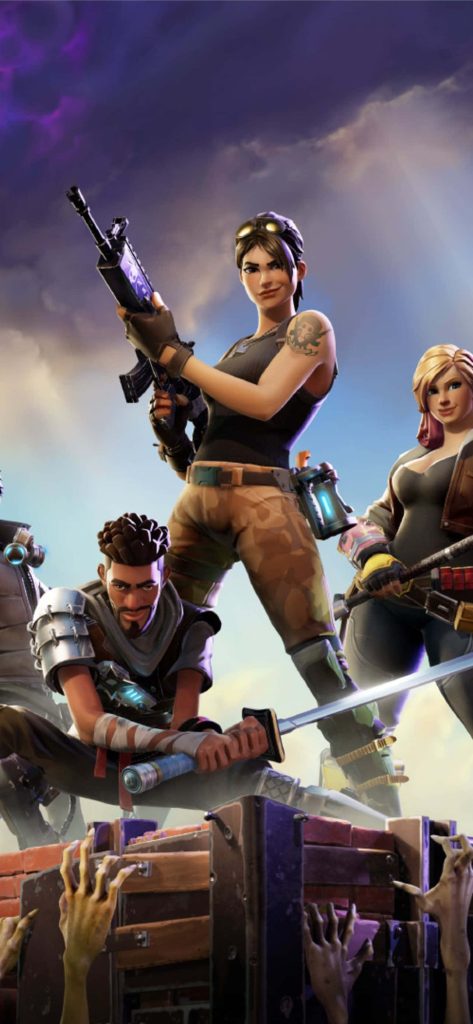 Fortnite survivors defend wooden fortress from zombies under stormy purple sky CGI wallpaper