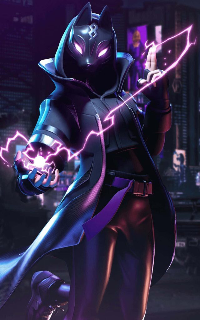 Fortnite Catalyst skin Overcharged style fox mask glowing purple energy neon cityscape wallpaper