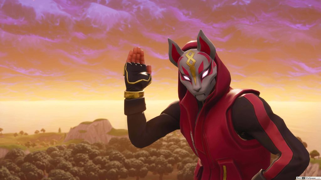 Fortnite Catalyst skin with kitsune Drift mask in vibrant CGI sunset wallpaper background