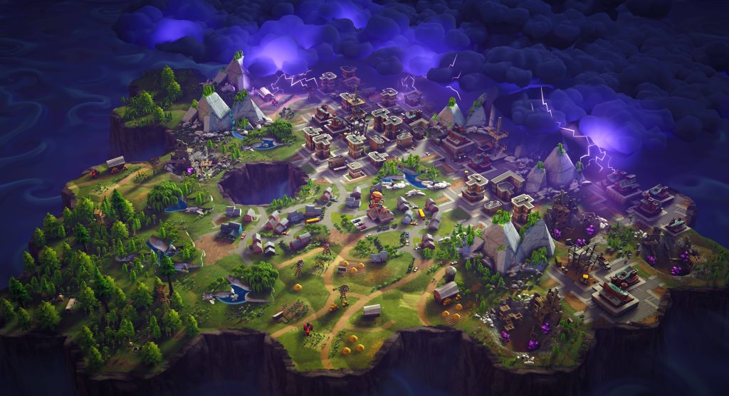 Fortnite Chapter 1 map wallpaper showing Tilted Towers Dusty Divot under storm clouds