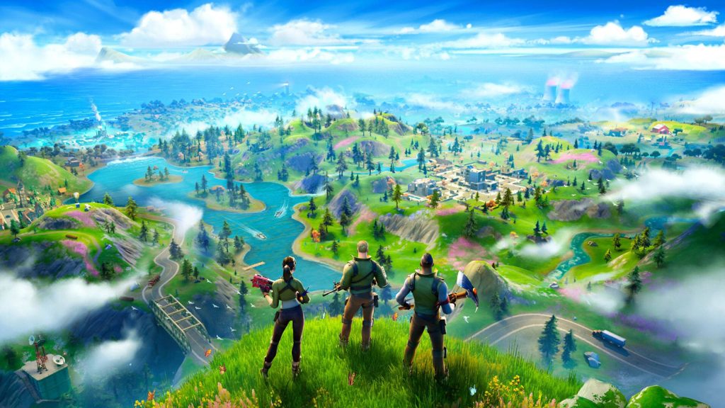 Fortnite Chapter 2 wallpaper with three default characters overlooking lush green hills and lake