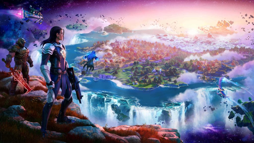 Fortnite Chapter 4 landscape with Ageless Champion Doom Slayer cliff floating island sunset Wallpaper