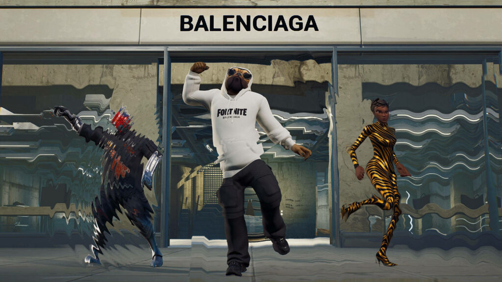 Three Fortnite characters in Balenciaga-inspired outfits pose stylishly outside a modern store Wallpaper