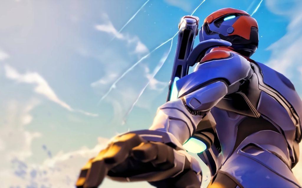 Fortnite Criterion skin wallpaper low-angle futuristic blue orange armor clear sky Battle Royale