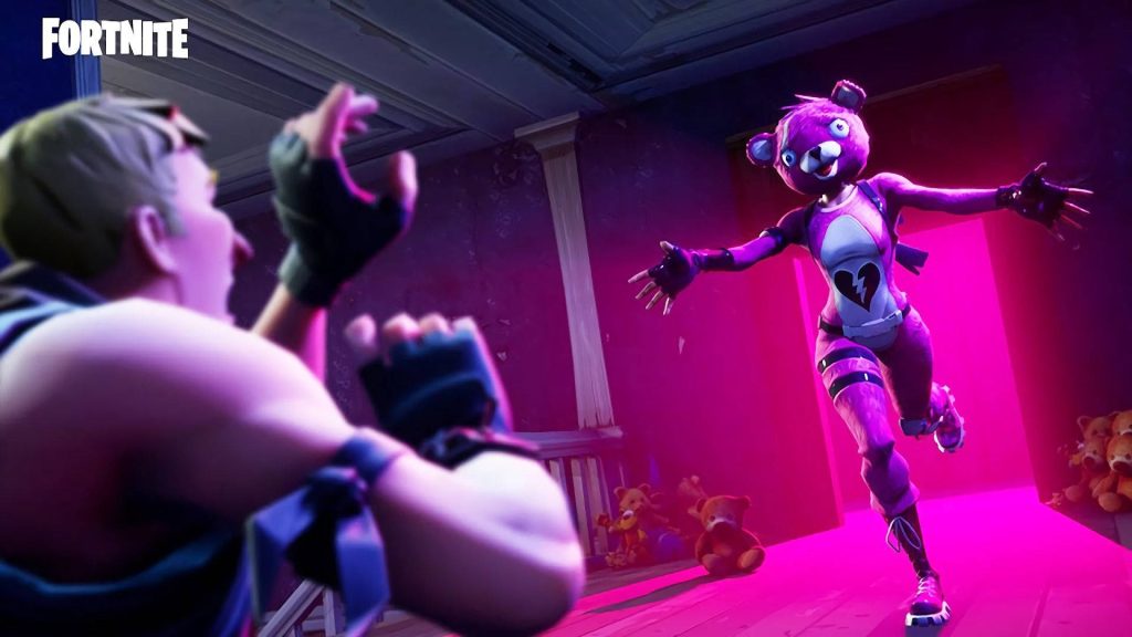 Fortnite Cuddle Team Leader charging in magenta room with teddy bears intense battle scene wallpaper