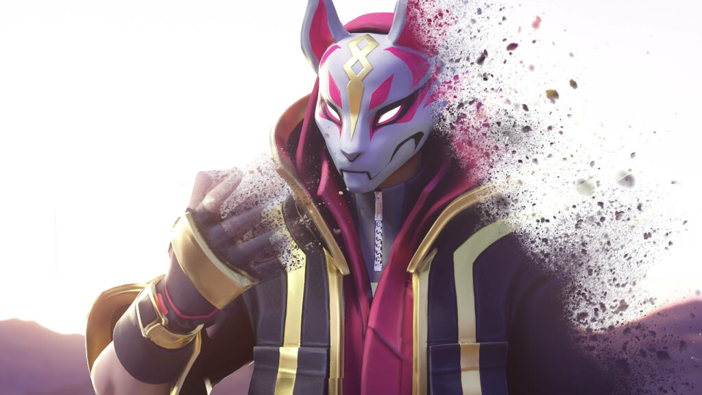3D Fortnite wallpaper of Drift in fox mask fading into digital particles with pink gold glow background