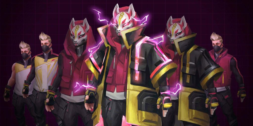 Fortnite Drift evolution digital art with electrified mask pink lightning dark grid background Wallpaper