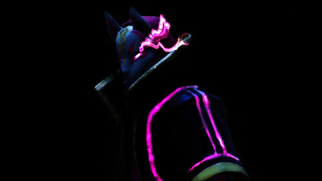 Fortnite Drift fox mask with neon pink lightning on black background cinematic wallpaper