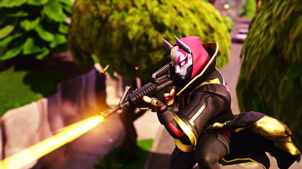 Fortnite Drift in kitsune mask firing gun vibrant outdoor action packed game wallpaper background