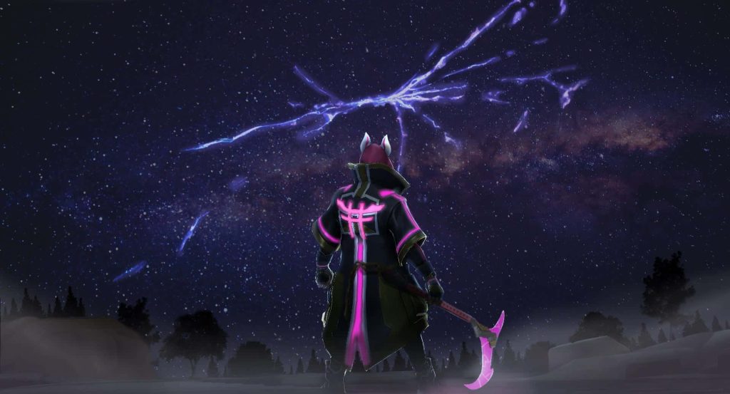 Fortnite Drift in black coat with neon pink trim and scythe under starry night sky rift wallpaper