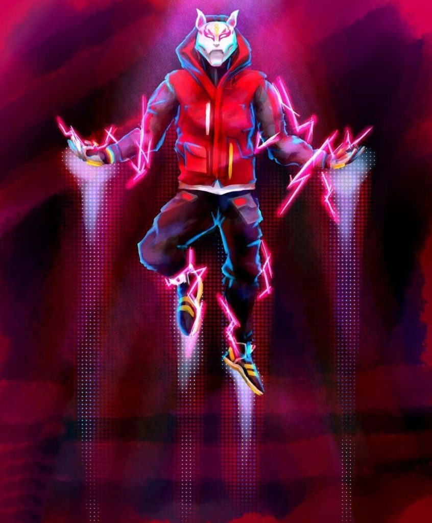 Fortnite Drift wallpaper with white fox mask red jacket vibrant pink electric bolts neon background
