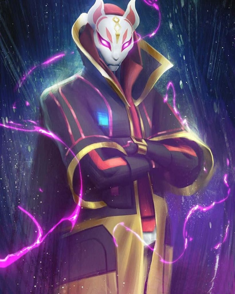 Fortnite Drift wallpaper with white kitsune mask purple lightning dark coat epic gaming background
