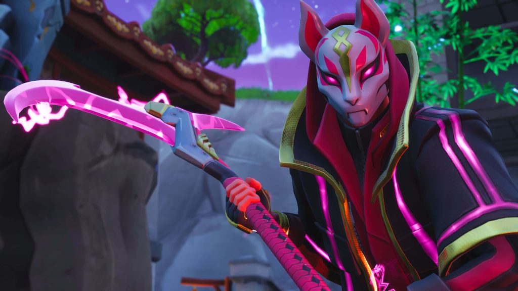 Fortnite Drift character with glowing Rift Edge tool neon pink Kitsune mask vibrant CGI wallpaper