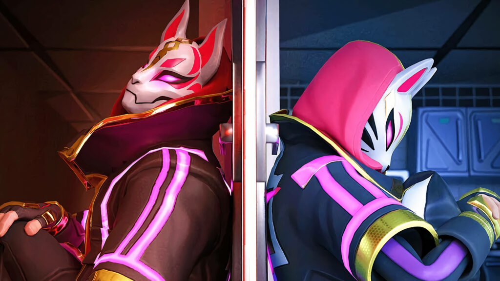 Drift and Catalyst Fortnite characters back to back with neon pink gold fox masks vibrant background Wallpaper
