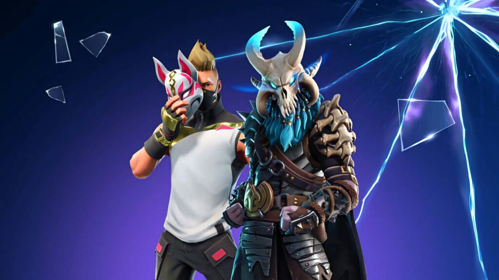 Fortnite Drift and Ragnarok characters side by side with glowing purple energy background wallpaper