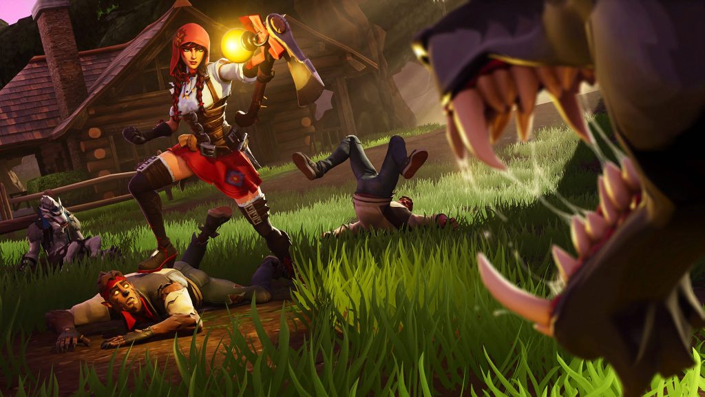 Fortnite Fable skin with lantern facing werewolves outside rustic cabin Season 6 wallpaper