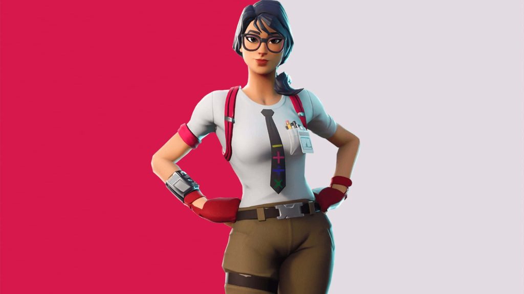 Fortnite female character with ponytail glasses colorful game controller tie vibrant red white background Wallpaper