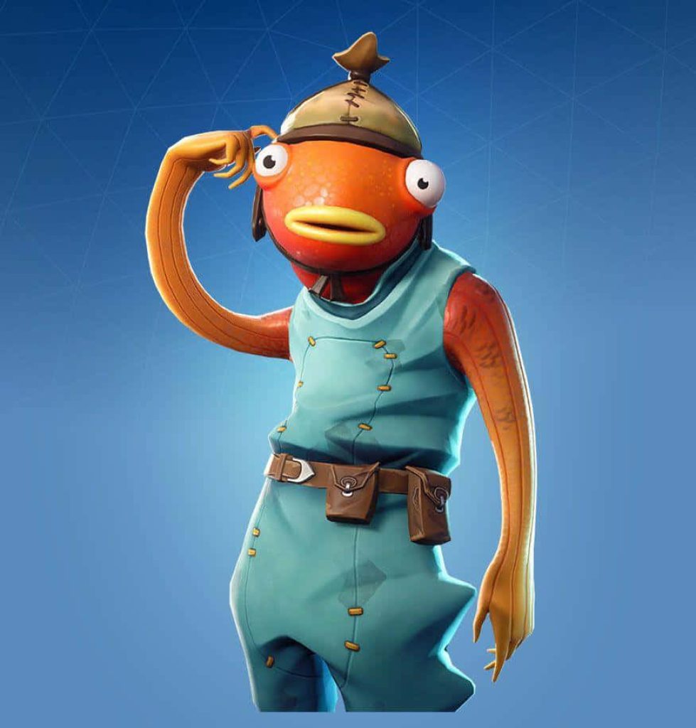 3D render of Fortnite Fishstick in blue outfit and metal helmet on minimalist blue background wallpaper