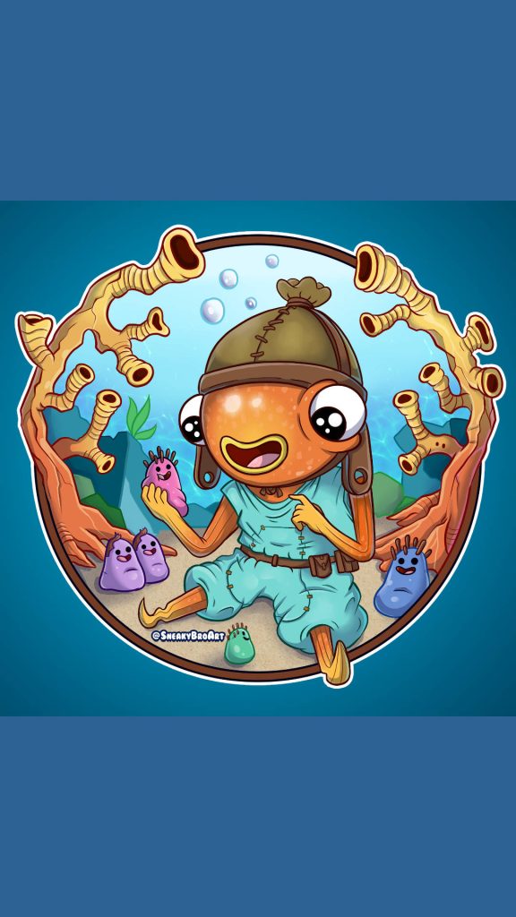 Fortnite Fishstick character in vibrant underwater aquarium with coral and cute creatures wallpaper