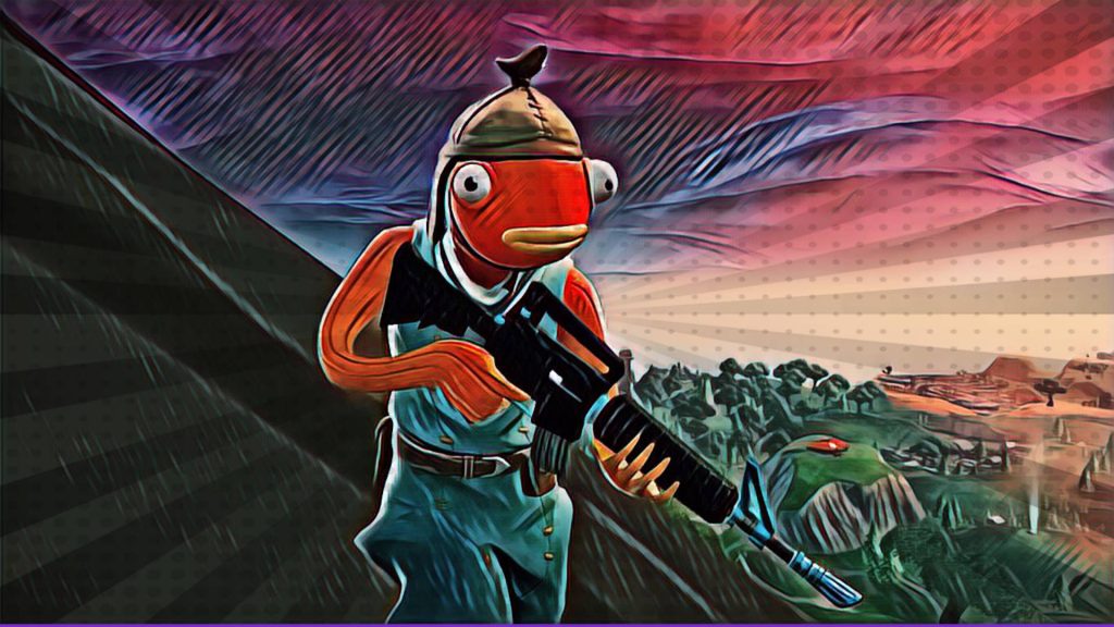 Fortnite Fishstick digital oil painting with assault rifle at colorful sunset gaming wallpaper background