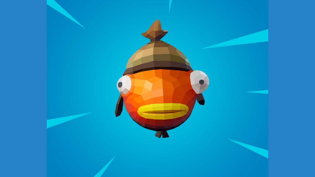 Fortnite Fishstick low-poly mosaic art wallpaper bright blue background digital gaming skin